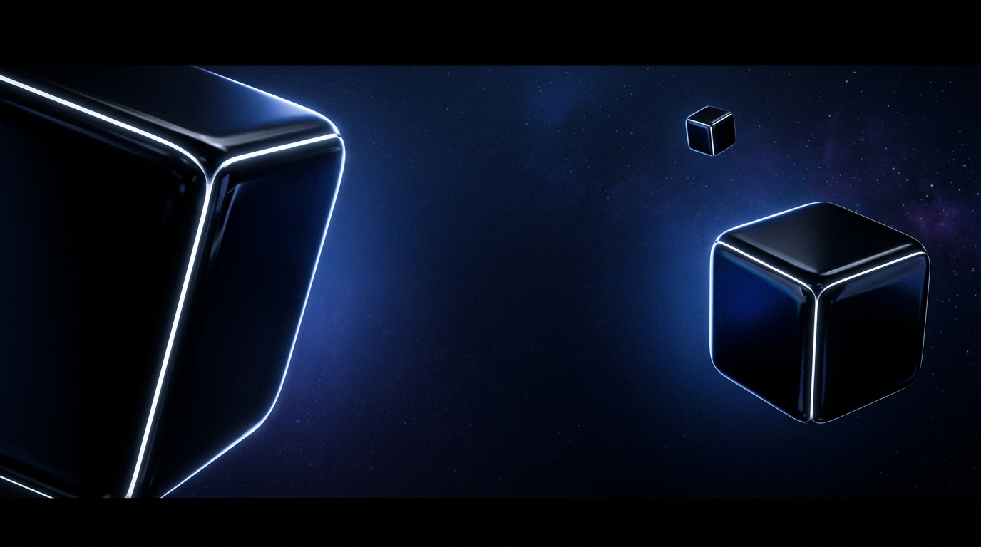 Glossy black cubes floating in a dark blue space